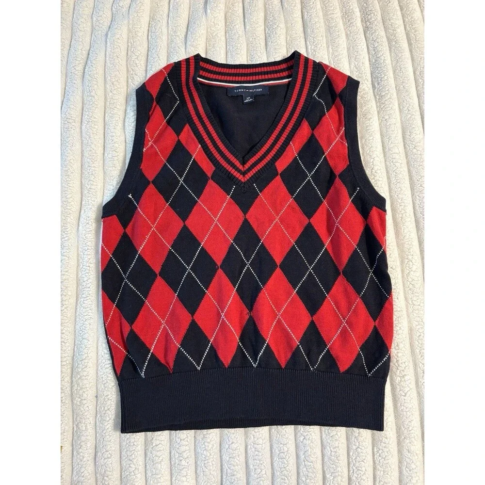 Tommy Hilfiger Argyle Sweater Vest Small Navy Blue Red Preppy Knit Academia